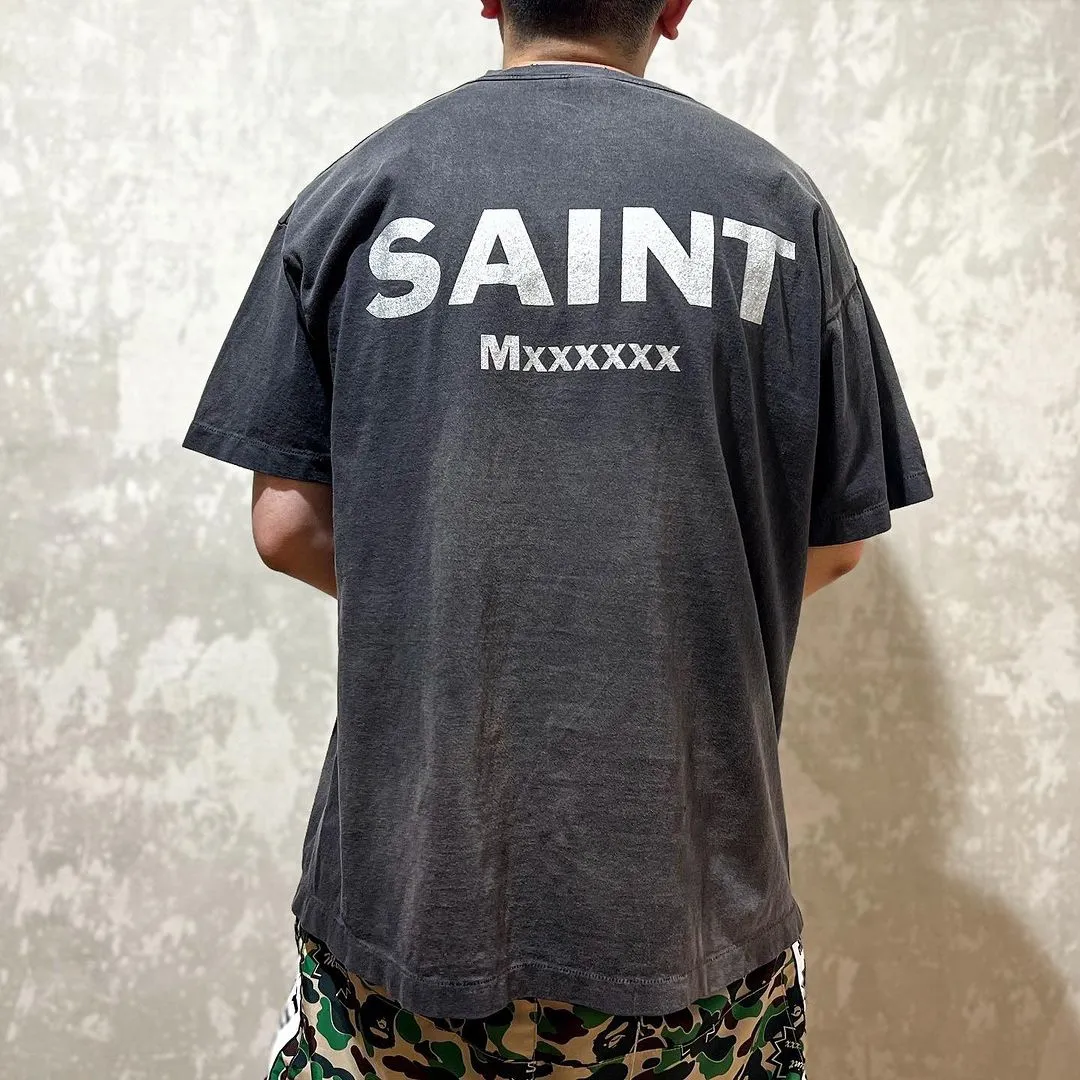 SAINT Mxxxxxx × EVANGELION NEON GNSIS TEE/BLK co-branded Neon Genesis Evangelion distressed short-sleeves, washed black S-XL, vintage NEW VINTAGE, top printing technology, garment dyeing, re-washed, distressed, correct co-branded main mark/washing mark